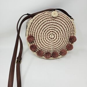 NWT Fossil Faye Crossbody Woven Straw Pom Pom Handbag